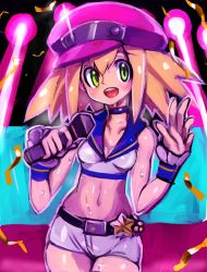 Rule 34 | 1girl, :d, alternate costume, bad id, bad twitter id, bare arms, belt, blonde hair, blush, bracelet, breasts, cabbie hat, choker, cleavage, commentary request, dakusuta, green eyes, hat, highres, holding, holding microphone, idol, jewelry, looking at viewer, mega man (series), mega man legends (series), microphone, midriff, navel, open mouth, roll caskett (mega man), short shorts, shorts, smile, solo, teeth