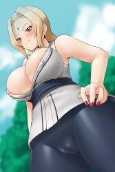 Rule 34 | 1girl, absurdres, areola slip, blonde hair, blush, breasts, cameltoe, cleft of venus, closed mouth, day, fat mons, forehead, from below, hair intakes, hand on own hip, highres, japanese clothes, kimono, large breasts, long hair, looking at viewer, nail polish, naruto, naruto (series), nipples, obi, otocai, outdoors, pants, red nails, sash, smile, solo, standing, tree, tsunade (naruto), white kimono