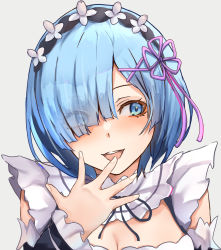 Rule 34 | 1girl, breasts, cleavage, commentary, detached sleeves, facing viewer, frills, hair ornament, hair over one eye, hair ribbon, hand up, highres, long sleeves, maid headdress, medium breasts, open mouth, portrait, purple ribbon, re:zero kara hajimeru isekai seikatsu, rem (re:zero), ribbon, roswaal mansion maid uniform, simple background, smile, solo, teeth, upper body, upper teeth only, white background, x hair ornament, zundakun0123