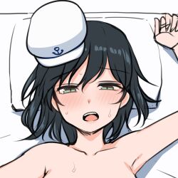 Rule 34 | 1girl, arm up, armpits, black hair, blush, collarbone, commentary, completely nude, green eyes, hair between eyes, hat, looking at viewer, lying, miyo (ranthath), murasa minamitsu, nude, on back, open mouth, pillow, portrait, short hair, sketch, solo, sweat, touhou, unfinished