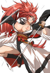 Rule 34 | 1girl, amputee, baiken, black footwear, black gloves, black jacket, breasts, breasts out, clenched teeth, commentary, eyepatch, facial mark, fang, fingerless gloves, foot out of frame, forehead mark, glaring, gloves, guilty gear, guilty gear strive, highres, hohahiida, holding, holding sword, holding weapon, jacket, jacket on shoulders, japanese clothes, katana, kimono, large breasts, long hair, looking at viewer, motion blur, nipples, obi, obiage, obijime, one eye covered, parted bangs, ponytail, puffy nipples, red eyes, red hair, sandals, sash, scabbard, scar, scar across eye, scar on face, sheath, simple background, slashing, solo, spiked hair, sword, teeth, thighs, torn clothes, unsheathing, v-shaped eyebrows, very long hair, weapon, white background, white kimono