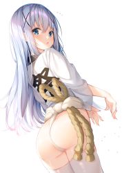 Rule 34 | 1girl, :o, ass, blue eyes, blue hair, clothes writing, commentary request, flying sweatdrops, from behind, fundoshi, gochuumon wa usagi desu ka?, hair between eyes, hair ornament, highres, japanese clothes, kafuu chino, light blue hair, long hair, looking at viewer, looking back, no pants, open mouth, shiero., shirt, simple background, solo, standing, straight hair, thighhighs, white background, white shirt, white thighhighs, wide sleeves, x hair ornament