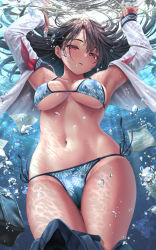 Rule 34 | 1girl, air bubble, arms up, bag, bikini, black hair, blue bikini, blue skirt, breasts, bubble, clothes pull, commentary, commentary request, cowboy shot, english commentary, floating hair, floral print, freediving, kase daiki, large breasts, long hair, long sleeves, looking at viewer, mixed-language commentary, navel, neckerchief, open clothes, open shirt, original, paper, parted lips, print bikini, purple eyes, red neckwear, shirt, side-tie bikini bottom, skirt, skirt pull, sleeves past wrists, solo, stomach, string bikini, swimsuit, underwater, undone neckerchief, white shirt