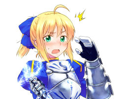 Rule 34 | 1girl, ahoge, armor, artoria pendragon (all), artoria pendragon (fate), blonde hair, blush, camel hakase, dress, excalibur (fate/stay night), fate/stay night, fate (series), gauntlets, green eyes, hair between eyes, invisible air (fate), saber (fate), simple background, solo, white background