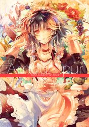 Rule 34 | 1girl, alternate costume, apron, bow, braid, card, choker, colorful, cover, cover page, dress, floating card, flower, food, fruit, hair bow, hair ornament, izayoi sakuya, kirero, knife, long sleeves, maid, maid headdress, red eyes, short hair, solo, tears, touhou, twin braids, watch, white hair