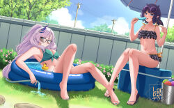 Rule 34 | 2girls, alternate breast size, barefoot, bikini, blue eyes, blunt bangs, braid, braided bangs, breasts, feather hair ornament, feathers, grey hair, hair ornament, highres, hololive, hololive english, hololive indonesia, landacdeus, large breasts, long hair, looking at viewer, multicolored hair, multiple girls, nail polish, navel, ninomae ina&#039;nis, open mouth, pavolia reine, applying pedicure, pointy ears, short hair, smile, summer, swimsuit, toenail polish, toenails, virtual youtuber