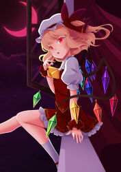 1girl ascot blonde_hair crystal_wings flandre_scarlet hat hat_ribbon highres looking_at_viewer mob_cap open_mouth puffy_sleeves red_eyes red_skirt ribbon shiruppo short_hair short_sleeves side_ponytail sitting skirt solo touhou wings wrist_cuffs yellow_ascot