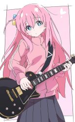 Rule 34 | 1girl, black skirt, blue eyes, blush, bocchi the rock!, bright pupils, closed mouth, cube hair ornament, duplicate, electric guitar, gotoh hitori, guitar, hair ornament, heart, holding, holding instrument, instrument, ixy, jacket, long hair, long sleeves, looking at viewer, one side up, pink background, pink hair, pink jacket, pleated skirt, skirt, solo, sweat, sweatdrop, track jacket, two-tone background, white background, white pupils