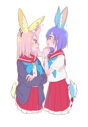Rule 34 | 2girls, :d, absurdres, adapted costume, animal ears, bangs pinned back, blonde hair, blue hair, blush, cardigan, crossed arms, grabbing another&#039;s ear, eyebrows, flip flappers, from side, hand on another&#039;s ear, highres, inconvenient tail, keiya, kokomine cocona, matching outfits, multicolored hair, multiple girls, neckerchief, open cardigan, open clothes, open mouth, profile, rabbit ears, rabbit tail, school uniform, serafuku, simple background, smile, streaked hair, sweatdrop, tail, white background, yayaka