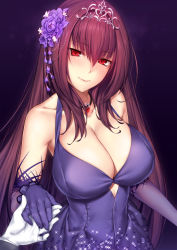 Rule 34 | 1girl, bare shoulders, blush, breasts, cleavage, closed mouth, dress, elbow gloves, fate/grand order, fate (series), flower, gloves, hair between eyes, hair flower, hair ornament, heroic spirit formal dress, highres, holding hands, jewelry, large breasts, long hair, looking at viewer, lun7732, necklace, pendant, purple background, purple dress, purple gloves, purple hair, red eyes, scathach (fate), scathach (formal dress) (fate), smile, tiara