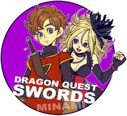 Rule 34 | 1boy, 1girl, blonde hair, breasts, cleavage, collar, corset, dragon quest, dragon quest swords, dramatica, dress, elbow gloves, feather hair ornament, feathers, gloves, feather hair ornament, hero (dq swords), purple eyes, setia, sword, weapon