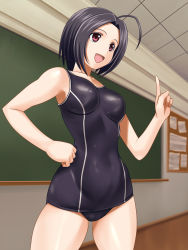Rule 34 | 1girl, ahoge, bare shoulders, black hair, breasts, chalkboard, classroom, hand on own hip, idolmaster, idolmaster (classic), index finger raised, miura azusa, muhi11234, namco, one-piece swimsuit, open mouth, red eyes, school, school swimsuit, short hair, smile, solo, swimsuit