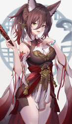 Rule 34 | 1girl, :d, absurdres, animal ear fluff, animal ears, bracelet, breasts, brown dress, brown hair, cleavage, cowboy shot, detached sleeves, dress, fang, fox ears, fox girl, green eyes, hair between eyes, hand fan, highres, holding, holding fan, honkai: star rail, honkai (series), jewelry, long bangs, long hair, medium breasts, open mouth, simple background, skin fang, smile, solo, thighs, tingyun (honkai: star rail), white background, xia 0328