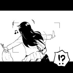 Rule 34 | !?, 1girl, aragaki ayase, beamed quavers, from behind, greyscale, letterboxed, long hair, monochrome, musical note, ore no imouto ga konna ni kawaii wake ga nai, outstretched arms, simple background, skirt, solo, viewfinder, watarai keiji, white background