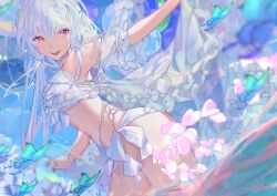 Rule 34 | 1girl, absurdres, bare shoulders, bikini, breasts, bug, butterfly, cleavage, dirndl, fate/grand order, fate (series), frilled bikini, frills, german clothes, highres, insect, lady avalon (fate), long hair, looking at viewer, medium breasts, merlin (fate), merlin (fate/prototype), navel, open mouth, oyaji hime, purple eyes, red eyes, smile, solo, swimsuit, thighs, umbrella, very long hair, white bikini, white hair, white umbrella
