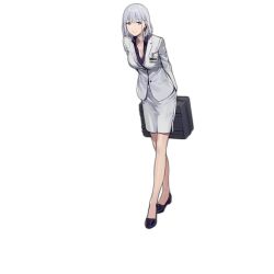 Rule 34 | 1girl, arms behind back, black footwear, breasts, business suit, choker, cleavage, closed mouth, duoyuanjun, earpiece, formal, full body, girls&#039; frontline, grey hair, holding, holding suitcase, id card, jacket, large breasts, leaning forward, long skirt, long sleeves, no socks, official alternate costume, official art, purple shirt, rpk-16 (girls&#039; frontline), rpk-16 (renate) (girls&#039; frontline), shirt, shoes, short hair, simple background, skirt, smile, solo, standing, suit, suitcase, transparent background, white choker, white jacket, white skirt