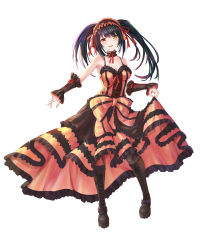 Rule 34 | 1girl, absurdres, bare shoulders, black bow, black footwear, black hair, blush, boots, bow, breasts, cleavage, clock eyes, clothes lift, collarbone, commentary request, cross-laced footwear, date a live, dress, dress lift, frilled dress, frills, full body, h yoruneko, hairband, heterochromia, highres, knee boots, lace-up boots, lifting own clothes, lolita fashion, lolita hairband, long hair, looking at viewer, medium breasts, open mouth, red bow, red eyes, ribbon, simple background, smile, solo, standing, symbol-shaped pupils, thighhighs, tokisaki kurumi, twintails, white background, yellow eyes
