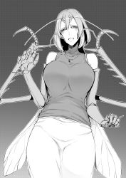 Rule 34 | 1girl, :d, antennae, bare shoulders, breasts, carapace, cowboy shot, greyscale, half-closed eyes, highres, arthropod girl, insect wings, jewelry, large breasts, looking at viewer, monochrome, monster girl, nakamura regura, necklace, open mouth, original, shirt, short hair, skirt, sleeveless, sleeveless shirt, smile, solo, spikes, wings
