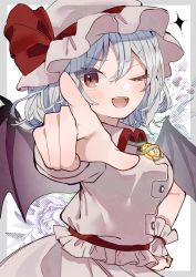 Rule 34 | 1girl, :d, bat wings, black wings, blouse, blue hair, blush, collared shirt, cowboy shot, daga kotowaru, floral background, hair between eyes, hand on own hip, hat, hat ribbon, highres, light blue hair, looking at viewer, medium hair, mob cap, one eye closed, open mouth, pink hat, pink shirt, pink skirt, pointing, pointing at viewer, puffy short sleeves, puffy sleeves, red eyes, red ribbon, remilia scarlet, ribbon, rose background, shirt, short sleeves, skirt, smile, solo, tamagogayu1998, teeth, touhou, upper teeth only, v-shaped eyebrows, wings, wrist cuffs, yellow brooch