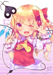 Rule 34 | 1girl, ;d, ascot, back bow, blonde hair, bow, chisiro unya (unya draw), collared shirt, cropped torso, crystal, flandre scarlet, frilled shirt collar, frilled sleeves, frills, gradient background, hair between eyes, hair bow, laevatein (touhou), large bow, medium hair, multicolored wings, no headwear, one eye closed, one side up, open mouth, pink background, puffy short sleeves, puffy sleeves, red bow, red eyes, red vest, shirt, short sleeves, simple background, smile, solo, touhou, v, vest, white background, white bow, white shirt, wings, wrist cuffs, yellow ascot