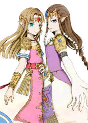Rule 34 | 2girls, aqua eyes, blonde hair, blue eyes, braid, brown hair, closed mouth, dress, dual persona, earrings, gloves, grin, highres, jewelry, long hair, looking at viewer, low-tied long hair, multiple girls, neck, necklace, nintendo, outstretched arm, pink dress, pointy ears, princess zelda, purple dress, serious, sidelocks, smile, standing, super smash bros., the legend of zelda, the legend of zelda: a link between worlds, the legend of zelda: twilight princess, tiara, triforce