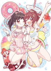 Rule 34 | 2girls, ahoge, bare legs, bare shoulders, barefoot, bikini, bikini under clothes, bracelet, brown eyes, brown hair, commentary request, cup, disposable cup, doughnut, food, fruit, hair ornament, hair ribbon, hairclip, high ponytail, highres, holding hands, ice cream, idolmaster, idolmaster shiny colors, interlocked fingers, jewelry, komiya kaho, lemon, lemon slice, licking lips, long hair, looking at viewer, midriff, miyama okara, multiple girls, navel, one-piece swimsuit, one eye closed, open mouth, pink one-piece swimsuit, red eyes, ribbon, shaved ice, shirt, sonoda chiyoko, striped bikini, striped clothes, swimsuit, t-shirt, tongue, tongue out, watermelon