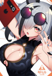 Rule 34 | 1girl, absurdres, animal ears, arknights, bare shoulders, black dress, black hair, blue nails, breasts, cellphone, china dress, chinese clothes, cleavage, cleavage cutout, clothing cutout, commentary request, copyright name, dress, eyewear on head, fang, feater (arknights), hair over one eye, highres, kyudong., large breasts, long hair, looking at viewer, mole, mole on breast, multicolored hair, nail polish, open mouth, panda ears, phone, pink eyes, round eyewear, silver hair, sleeveless, sleeveless dress, smartphone, solo, streaked hair, sunglasses, sunglasses on head, upper body, v, white background