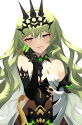 Rule 34 | 1girl, bare shoulders, black dress, black gloves, closed mouth, crown, dress, gloves, green eyes, green hair, honkai (series), honkai impact 3rd, long hair, looking at viewer, mobius (honkai impact), simple background, single sleeve, solo, susu (32103088), tongue, tongue out, wavy hair, white background