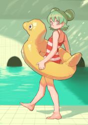 Rule 34 | 1girl, bare arms, bare shoulders, barefoot, bukimi isan, closed mouth, double bun, from side, full body, green hair, hair bun, highres, innertube, kfufu (shy), looking to the side, one-piece swimsuit, red one-piece swimsuit, short hair, shy (series), solo, striped clothes, striped one-piece swimsuit, swim ring, swimsuit, two-tone swimsuit, water, white one-piece swimsuit