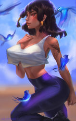 Rule 34 | 1girl, animal on arm, bird, bird on arm, bird on leg, black hair, bluebird, blush, breasts, cleavage, commentary, covered erect nipples, crop top, crop top overhang, dark-skinned female, dark skin, english commentary, facial tattoo, hair tubes, high-waist pants, large breasts, lips, looking at viewer, medium hair, midriff, minory, navel, no bra, nose, overwatch, overwatch 1, pants, pharah (overwatch), purple legwear, red eyes, seamed legwear, shoulder tattoo, skin tight, solo, stomach, tattoo, toned, underboob, walking, yoga pants