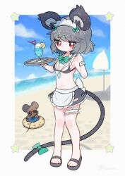 Rule 34 | 1girl, alternate costume, animal ears, arms up, beach, bikini, border, bow, bowtie, breasts, cloud, day, detached collar, dotaku (wran8845), enmaided, full body, green bow, grey hair, highres, holding, holding tray, horizon, jewelry, jitome, looking at viewer, maid, mouse (animal), mouse ears, mouse tail, nazrin, no socks, outdoors, outside border, pendant, petite, pigeon-toed, red eyes, sandals, short hair, sky, small breasts, solo, standing, star (symbol), swept bangs, swimsuit, tail, tail bow, tail ornament, touhou, tray, umbrella, white border