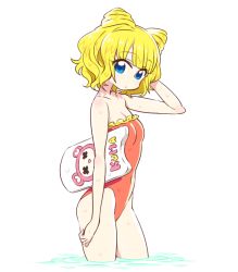 Rule 34 | 1girl, blonde hair, blue eyes, casual one-piece swimsuit, chan co, character print, cone hair bun, cowboy shot, double bun, frilled swimsuit, frills, from side, hair bun, kickboard, kuma (pripara), minami mirei, one-piece swimsuit, orange one-piece swimsuit, pretty series, pripara, short hair, simple background, solo, swimsuit, wading, water, wet, white background