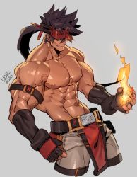 Rule 34 | 1boy, abs, armband, artist name, bara, bare pectorals, belt, fire, gloves, guilty gear, guilty gear strive, headband, large pectorals, male focus, muscular, muscular male, na insoo, navel, nipples, pants, pectoral cleavage, pectorals, smirk, sol badguy, spiked hair, veins