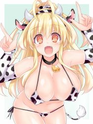 Rule 34 | animal ears, bare shoulders, blonde hair, bra, breasts, cleavage, collar, cow, cow ears, cow tail, cowbell, fang, highres, horns, kami jigen game neptune v, kazuneko (wktk1024), large breasts, little fang, long hair, neptune (series), open mouth, panties, pish, ponytail, power symbol-shaped pupils, skindentation, solo, symbol-shaped pupils, tail, thighs, underwear, yellow eyes, yellow heart (neptunia)