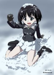 Rule 34 | 10s, 1girl, angry, arm support, armband, black eyes, black footwear, black hair, black socks, blue jacket, blunt bangs, bob cut, boots, check commentary, commentary request, dated, frown, full body, girls und panzer, green shirt, highres, jacket, leaning back, long sleeves, military, military uniform, miniskirt, one-hour drawing challenge, ooarai military uniform, open mouth, outdoors, pleated skirt, raised fist, shiina excel, shirt, short hair, sitting, skirt, snow, snow on head, socks, solo, sono midoriko, twitter username, uniform, v-shaped eyebrows, wariza, white skirt, zipper
