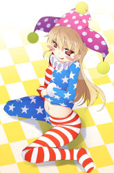 Rule 34 | 1girl, american flag dress, american flag legwear, blonde hair, blush, blush stickers, checkered floor, chima q, clownpiece, covered erect nipples, disembodied blush, fairy wings, full body, fur trim, hat, highres, jester cap, long hair, long sleeves, looking at viewer, midriff, naughty face, navel, neck ruff, pantyhose, polka dot, red eyes, sitting, smile, solo, star (symbol), star print, striped clothes, striped pantyhose, touhou, wariza, wings