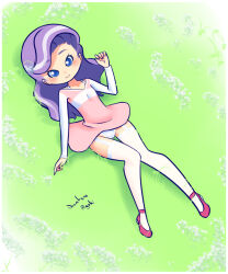 Rule 34 | 1girl, blue eyes, blush, clothes lift, diamond tiara, drantyno, dress, dress lift, flat chest, flower, garter straps, grass, hair ornament, hasbro, long hair, long sleeves, looking at viewer, lying, multicolored hair, my little pony, my little pony: equestria girls, my little pony: friendship is magic, panties, pink dress, pink footwear, purple hair, shoes, smile, streaked hair, thighhighs, underwear, white panties, white thighhighs