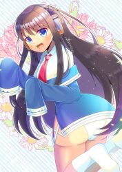 Rule 34 | 1girl, :d, ass, azur lane, blue eyes, blue jacket, blush, brown hair, collared shirt, commentary request, commission, diagonal stripes, flower, headphones, jacket, kou hiyoyo, long hair, long island (azur lane), long sleeves, necktie, no shoes, off shoulder, open clothes, open jacket, open mouth, panties, pink flower, red necktie, shirt, skeb commission, sleeves past fingers, sleeves past wrists, smile, socks, soles, solo, striped, striped background, twisted torso, underwear, very long hair, white flower, white panties, white shirt, white socks