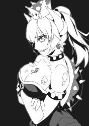 Rule 34 | 1boy, 1girl, armlet, bare shoulders, between breasts, borrowed design, bowsette, bracelet, breasts, cleavage, collar, crown, dress, giant, giantess, greyscale, highres, horns, jewelry, large breasts, lipstick, looking at viewer, luckyb, makeup, mario, mario (series), mini person, miniboy, monochrome, new super mario bros. u deluxe, nintendo, person between breasts, ponytail, sharp teeth, size difference, smirk, spiked bracelet, spiked collar, spikes, super crown, teeth, turtle shell