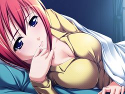 Rule 34 | 1girl, bed, blue eyes, blush, breasts, brother and sister, cleavage, couple, curtains, game cg, happy, ichikawa noa, incest, inraku no ketsuzoku, kiryuu yuzuha, large breasts, looking at viewer, lying, pajamas, pillow, purple eyes, red hair, siblings, smile, solo, solo focus