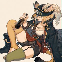 Rule 34 | 1girl, animal ears, asymmetrical legwear, belt, black coat, black footwear, black hair, black hat, black shorts, blonde hair, bodice, boots, bottle, breasts, cat ears, cat girl, cat tail, chinese commentary, chromatic aberration, cleavage, coat, collarbone, colored tips, commentary request, dagger, eyepatch, film grain, fingernails, foot out of frame, from above, garter straps, green thighhighs, hand up, hat, hat feather, highres, holding, holding bottle, jewelry, key, keyring, knee up, knife, large breasts, looking at viewer, looking up, mismatched legwear, multicolored hair, one eye covered, open mouth, original, pendant, pirate, pirate hat, sharp fingernails, sheath, sheathed, short hair, shorts, shoulder belt, simple background, sitting, skindentation, skull and crossbones, smile, solo, stirrup legwear, tail, thighhighs, toeless legwear, two-tone hair, unworn boots, weapon, white background, www planet, yellow eyes, yellow thighhighs