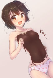 Rule 34 | 1girl, @ @, blush, breasts, brown background, brown hair, chocolate, chocolate covered, chocolate on body, chocolate on breasts, collarbone, cowboy shot, embarrassed, flying sweatdrops, food on body, gluteal fold, kantai collection, looking at viewer, minarai shachou, miyuki (kancolle), navel, nose blush, open mouth, panties, pink panties, print panties, short hair, simple background, small breasts, solo, standing, stomach, tareme, thigh gap, topless, underwear, underwear only, wavy mouth, yellow eyes
