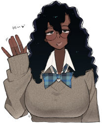 Rule 34 | black hair, blush, bow, broccoli (ohasi), commentary, dark-skinned female, dark skin, english text, glasses, lip piercing, long hair, looking at viewer, ohasi, original, parted lips, piercing, school uniform, shirt, simple background, solo, sweater, symbol-only commentary, thick lips, very dark skin, very long hair, waving, white background