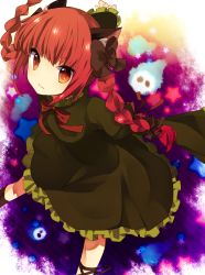 Rule 34 | 1girl, :3, animal ears, bad id, bad pixiv id, braid, cat ears, cat girl, dress, female focus, floating skull, hair ribbon, kaenbyou rin, leg ribbon, outstretched arms, red eyes, red hair, ribbon, solo, spread arms, touhou, twin braids, twintails, yuyupo
