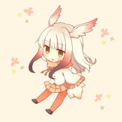 Rule 34 | 10s, 1girl, :d, bad id, bad pixiv id, bird tail, blush, brown eyes, brown footwear, buttons, chibi, drawstring, floral background, frilled sleeves, frills, full body, gradient hair, head wings, japanese crested ibis (kemono friends), jitome, kemono friends, konno (pixiv 23416142), loafers, long sleeves, looking at viewer, multicolored hair, no nose, open mouth, pantyhose, pink background, pleated skirt, red hair, red pantyhose, red skirt, shirt, shoes, short hair, short hair with long locks, sidelocks, simple background, skirt, sleeves past wrists, smile, solo, tail, two-tone hair, white hair, white shirt, wide sleeves, wings