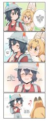 Rule 34 | !, !!, ..., 0 0, 10s, 2girls, 4koma, :3, ?, ??, ^ ^, animal ears, bag, black hair, blonde hair, blush, bow, bowtie, closed eyes, comic, covering own mouth, embarrassed, english text, hat, hat feather, highres, ivlice, kaban (kemono friends), kemono friends, multiple girls, red shirt, serval (kemono friends), serval print, serval tail, shirt, shorts, smile, sparkle, speech bubble, tail, text focus, wide-eyed, yuri