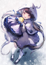 Rule 34 | 1girl, black footwear, black hair, blue bow, bow, bright pupils, capelet, cloak, dress, dress bow, dutch angle, footwear bow, from above, fur-trimmed capelet, fur trim, grey hair, hair bow, highres, holding, holding stuffed toy, hood, hooded cloak, lace, lace-trimmed thighhighs, long hair, looking at viewer, multicolored hair, nijisanji, open mouth, pom pom (clothes), red eyes, red hair, smile, snow, snowing, solo, streaked hair, stuffed animal, stuffed toy, thighhighs, twintails, very long hair, virtual youtuber, white dress, white pupils, white thighhighs, yorumi rena, yorumi rena (3rd costume), zzz (zzz00166403zzz)