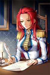 Rule 34 | 1girl, breasts, female focus, indoors, jeyina, large breasts, long hair, lowres, military, military uniform, quill, red hair, sitting, solo, sword girls, uniform, yellow eyes