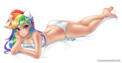 Rule 34 | 1girl, animal ears, ass, bare arms, bare legs, barefoot, blonde hair, blue hair, blue ribbon, bra, breasts, cat cutout, cat ears, cat lingerie, choker, cinderella bust, cleavage, cleavage cutout, closed mouth, clothing cutout, collarbone, frilled bra, frills, full body, green hair, hair between eyes, hair ribbon, hasbro, head rest, humanization, long hair, looking at viewer, lying, meme attire, multicolored hair, my little pony, my little pony: friendship is magic, on stomach, orange hair, panties, paw print, print panties, purple hair, racoon-kun, rainbow dash, rainbow hair, red eyes, red hair, ribbon, side-tie panties, small breasts, smile, soles, solo, underwear, underwear only, watermark, web address, white bra, white choker, white panties