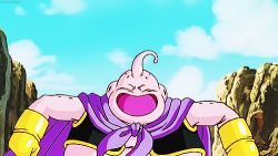 Rule 34 | 1990s (style), 1boy, animated, animated gif, antennae, blue sky, cape, colored skin, dragon ball, dragonball z, closed eyes, fat, fat man, gloves, happy, lowres, majin buu, male focus, monster, pink skin, sky, solo, talking, vest, walking